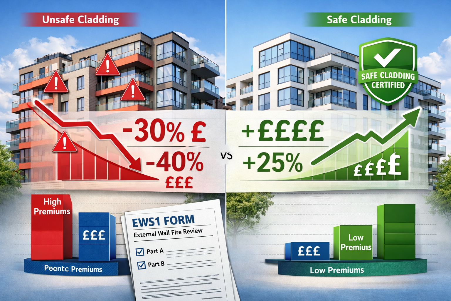 Detailed () infographic-style image showing split-screen comparison of residential building valuation impacts, left side