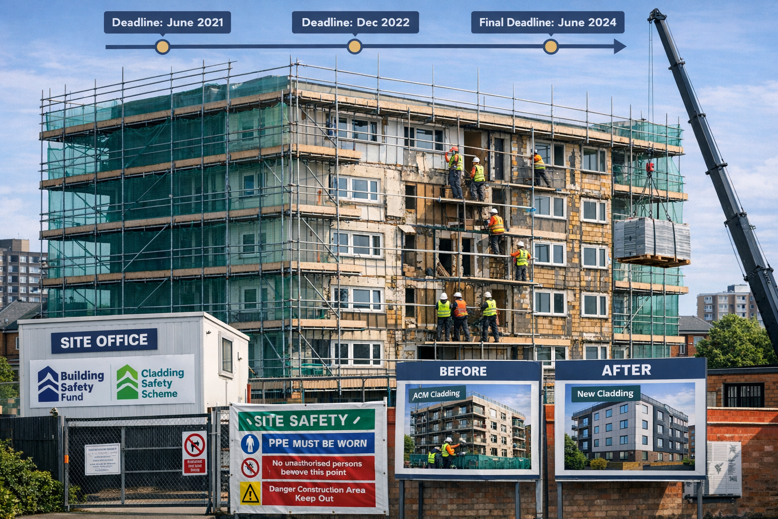 Detailed () image depicting comprehensive cladding remediation project in progress on mid-rise residential building between