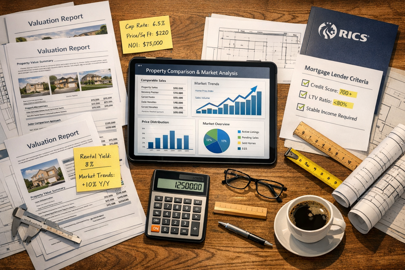 Detailed () image showing professional surveyor's desk workspace from overhead perspective with multiple valuation reports