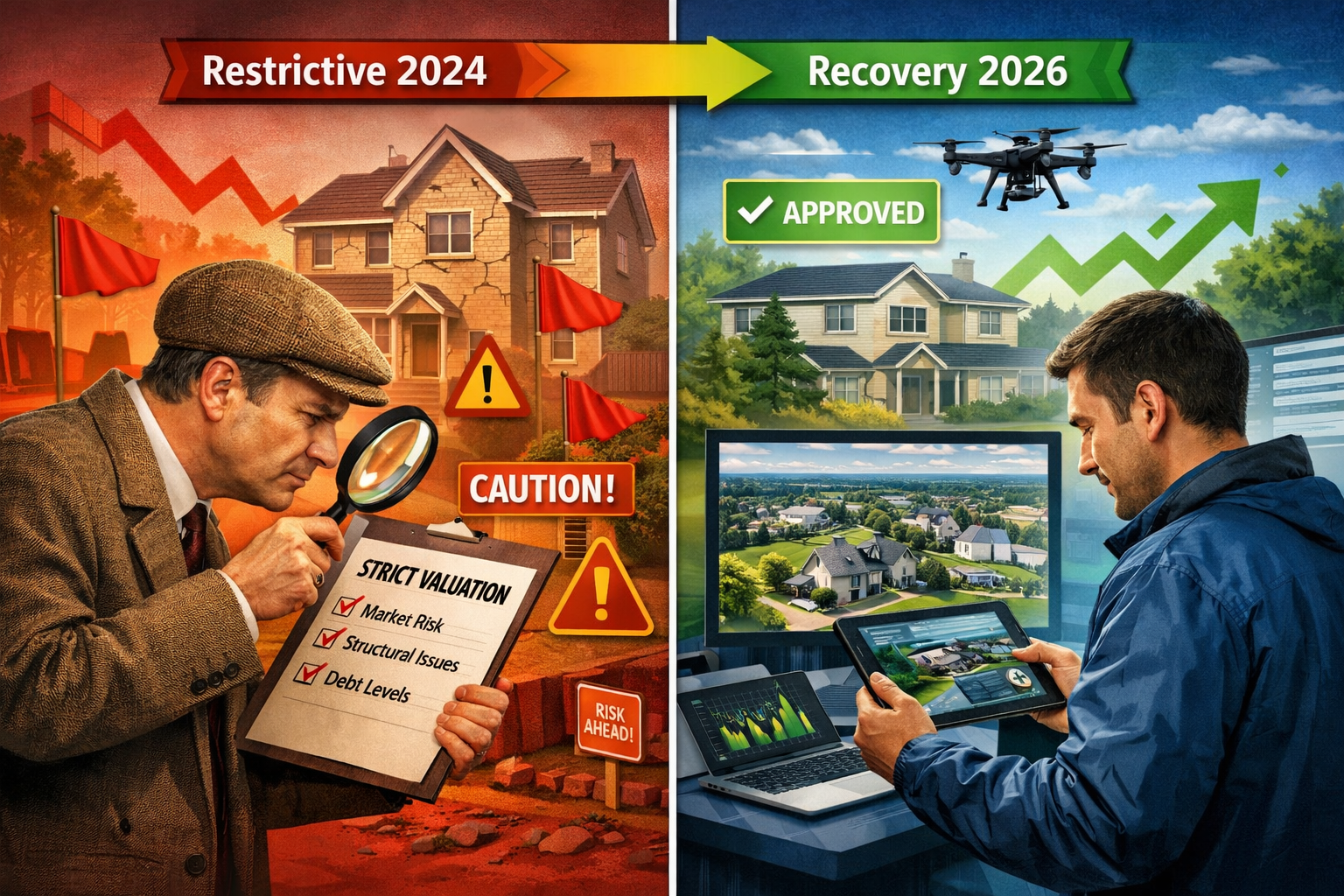 () split-screen comparison image showing two contrasting valuation scenarios: left panel depicts traditional conservative