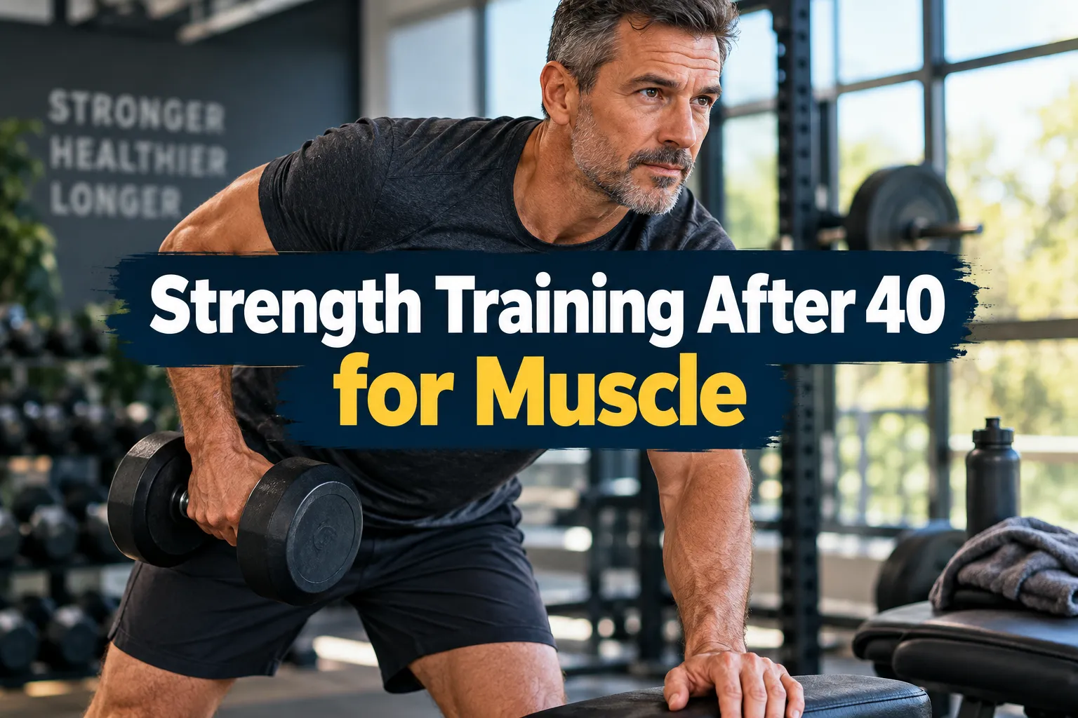 Professional landscape hero image () with a reading "Strength Training After 40 for Muscle". CRITICAL TYPOGRAPHY RULES: