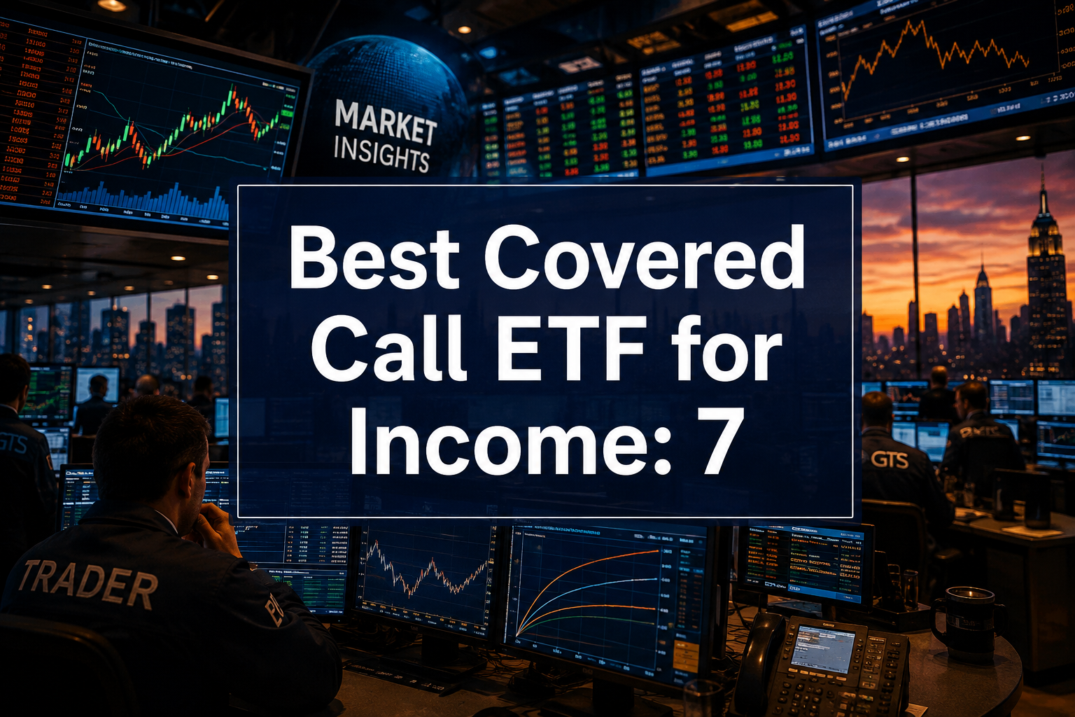 Professional () hero image with 'Best Covered Call ETF for Income: 7' in crisp white on a deep navy semi-transparent panel,