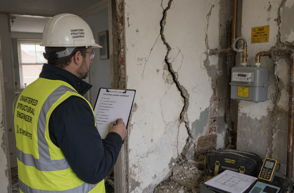 Wide-angle editorial photograph of a chartered structural engineer in hard hat and hi-vis vest examining cracked