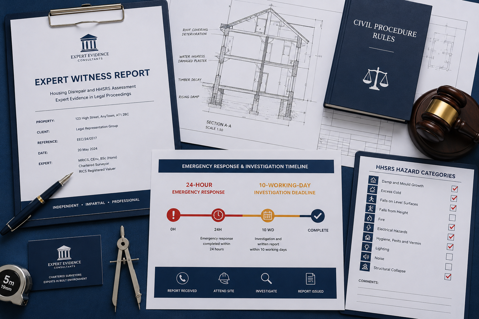 Flat-lay overhead infographic-style image showing a formal expert witness report document on a desk beside a structural
