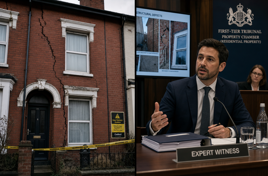 Split-composition image showing left panel: a private rented sector terraced house exterior with visible subsidence cracks