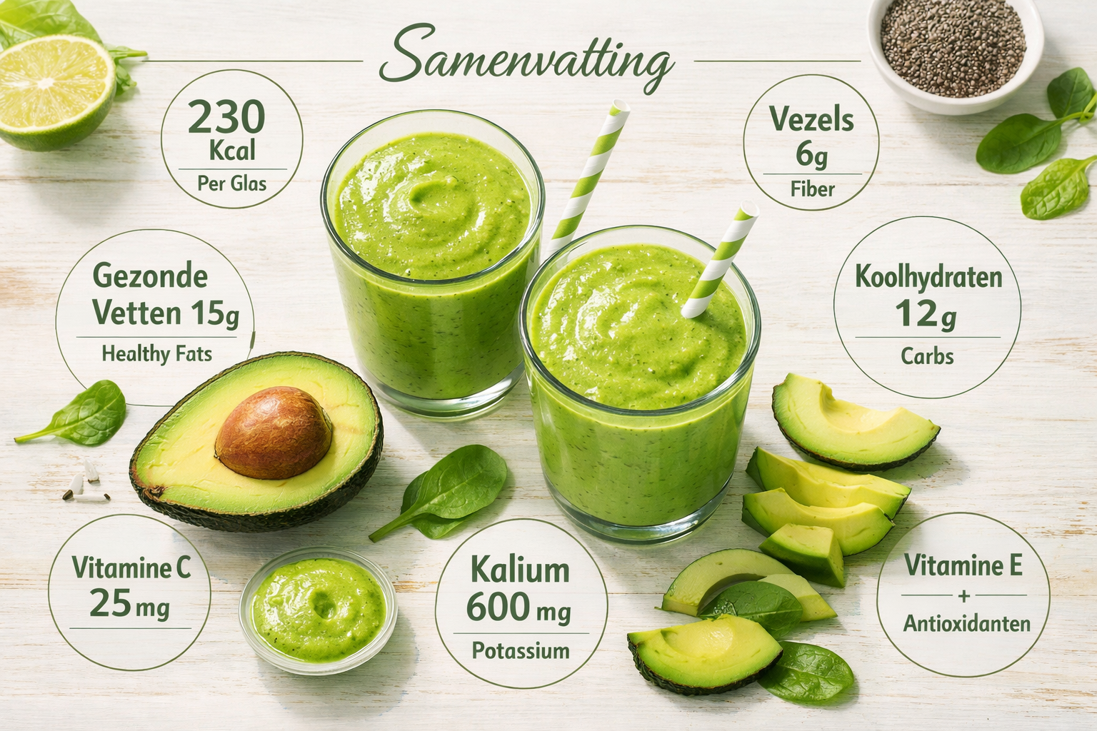 Editorial-style overhead composition showing 'Samenvatting' of avocado smoothie nutrition, featuring sliced avocados, vibrant green smoothie