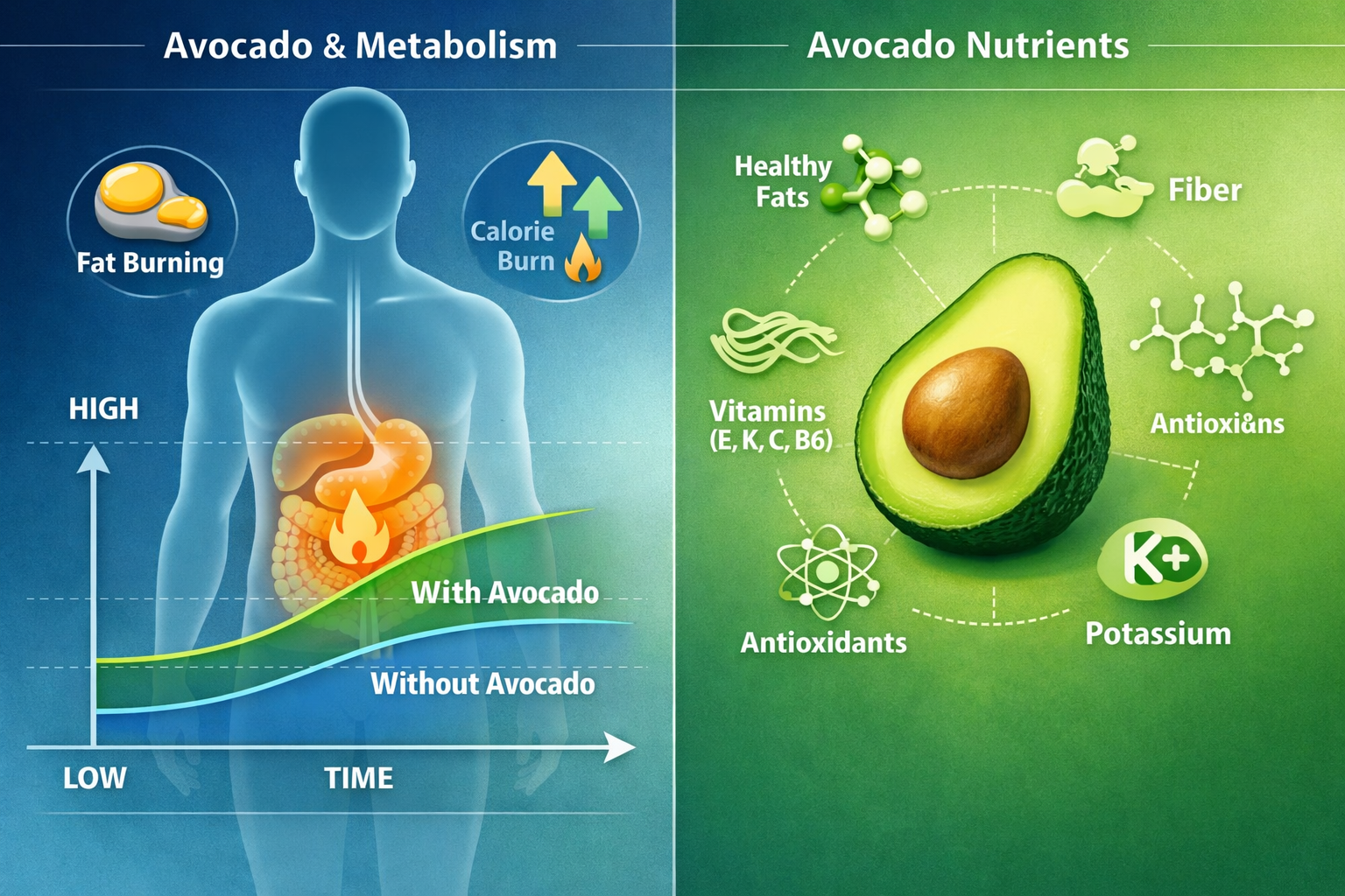 Scientific weight loss visualization showing how avocado impacts metabolism, split-screen graphic with human body silhouette, metabolic rate