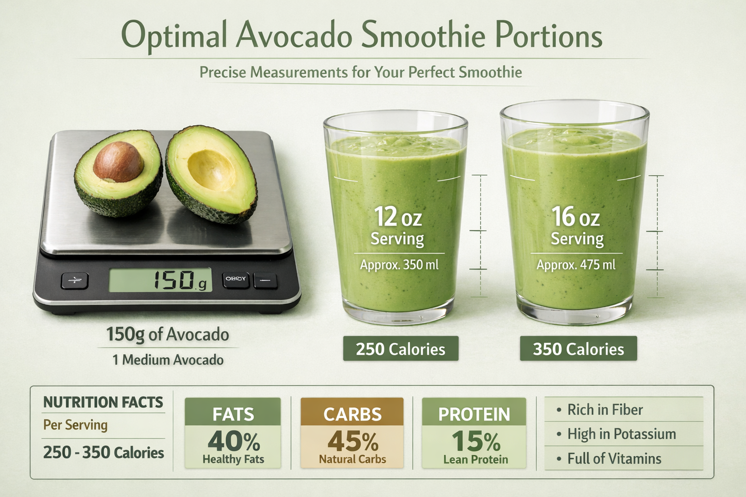 Precise portion measurement infographic for optimal avocado smoothie quantities, digital kitchen scale with avocado halves, graduated smooth