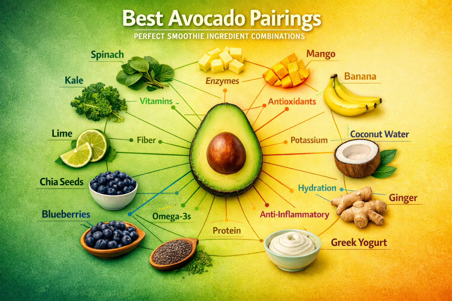 Creative smoothie ingredient combination chart, radial diagram showing best avocado pairing ingredients, colorful ingredient icons, intercon