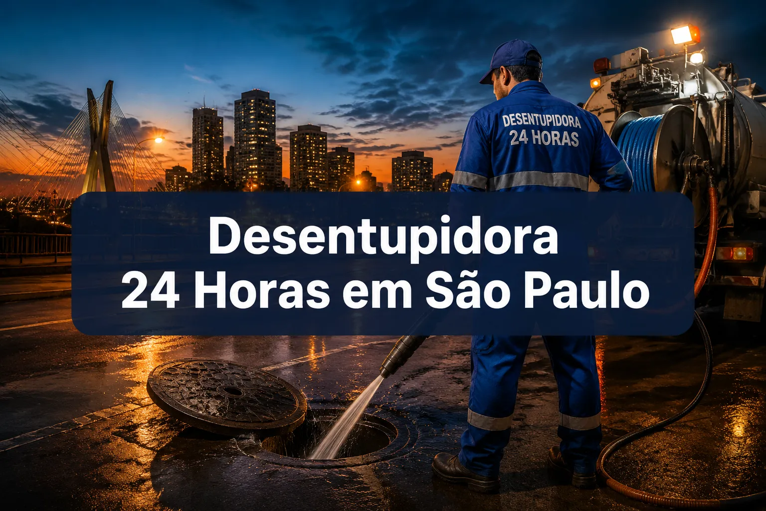 Professional () hero image with (≤42 chars): 'Desentupidora 24 Horas em São Paulo', crisp white centered on a deep navy
