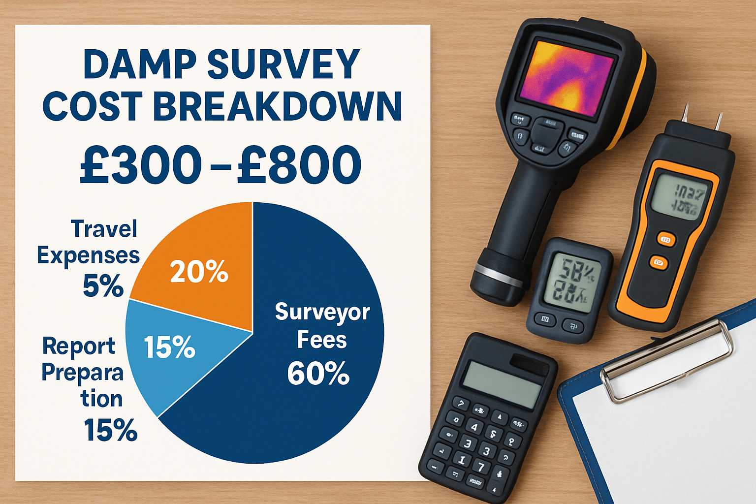 Detailed infographic showing damp survey cost breakdown (1536x1024) with pie chart displaying cost components: surveyor fees (60%), equipmen