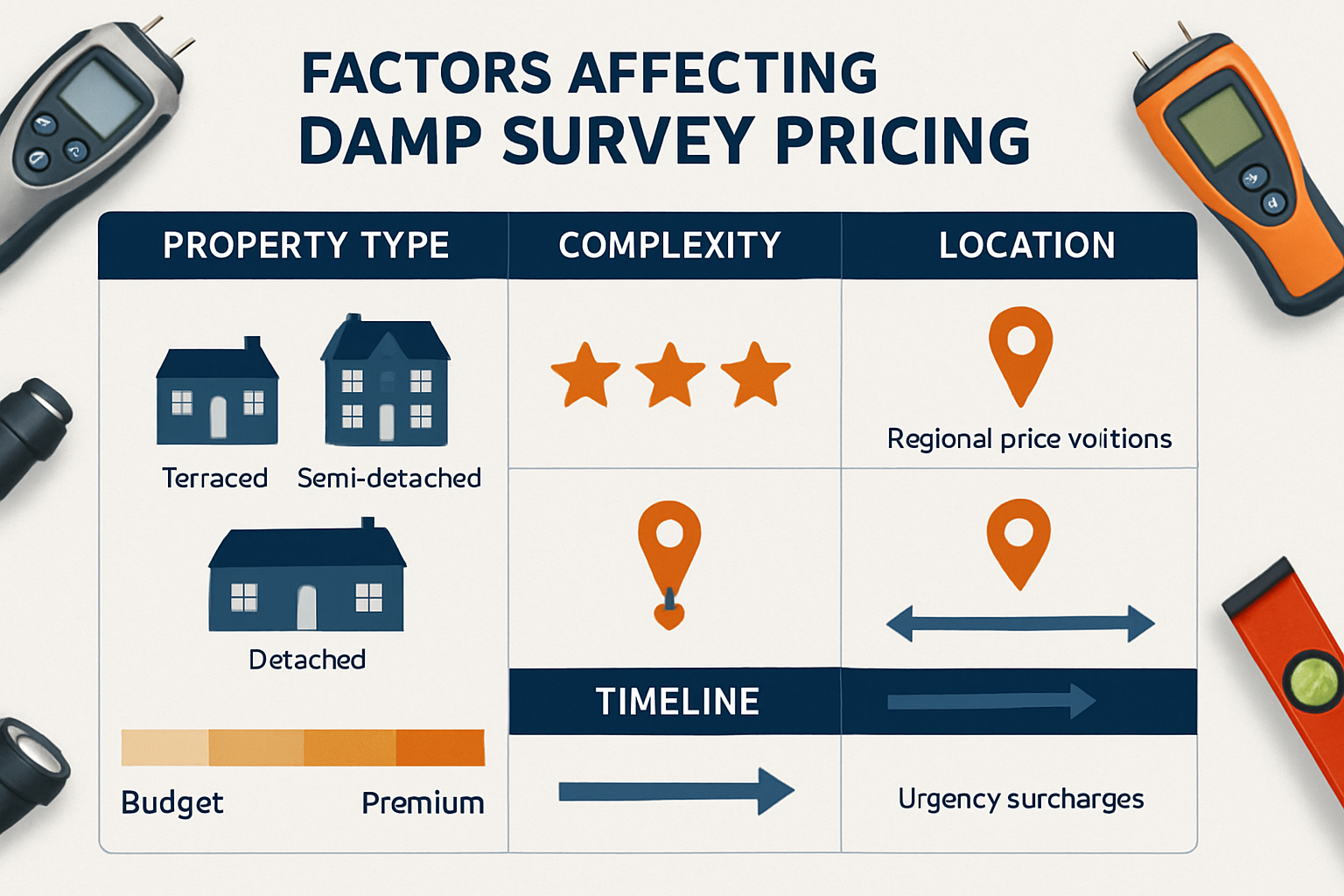 Comprehensive comparison chart (1536x1024) showing factors affecting damp survey pricing across different property types. Visual elements in