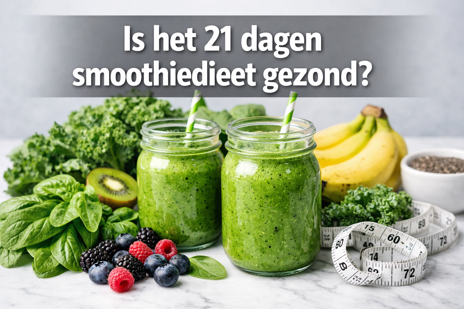 Professional landscape hero image (1536x1024) featuring bold text overlay 'Is het 21 dagen smoothiedieet gezond?' in extra large 72pt white