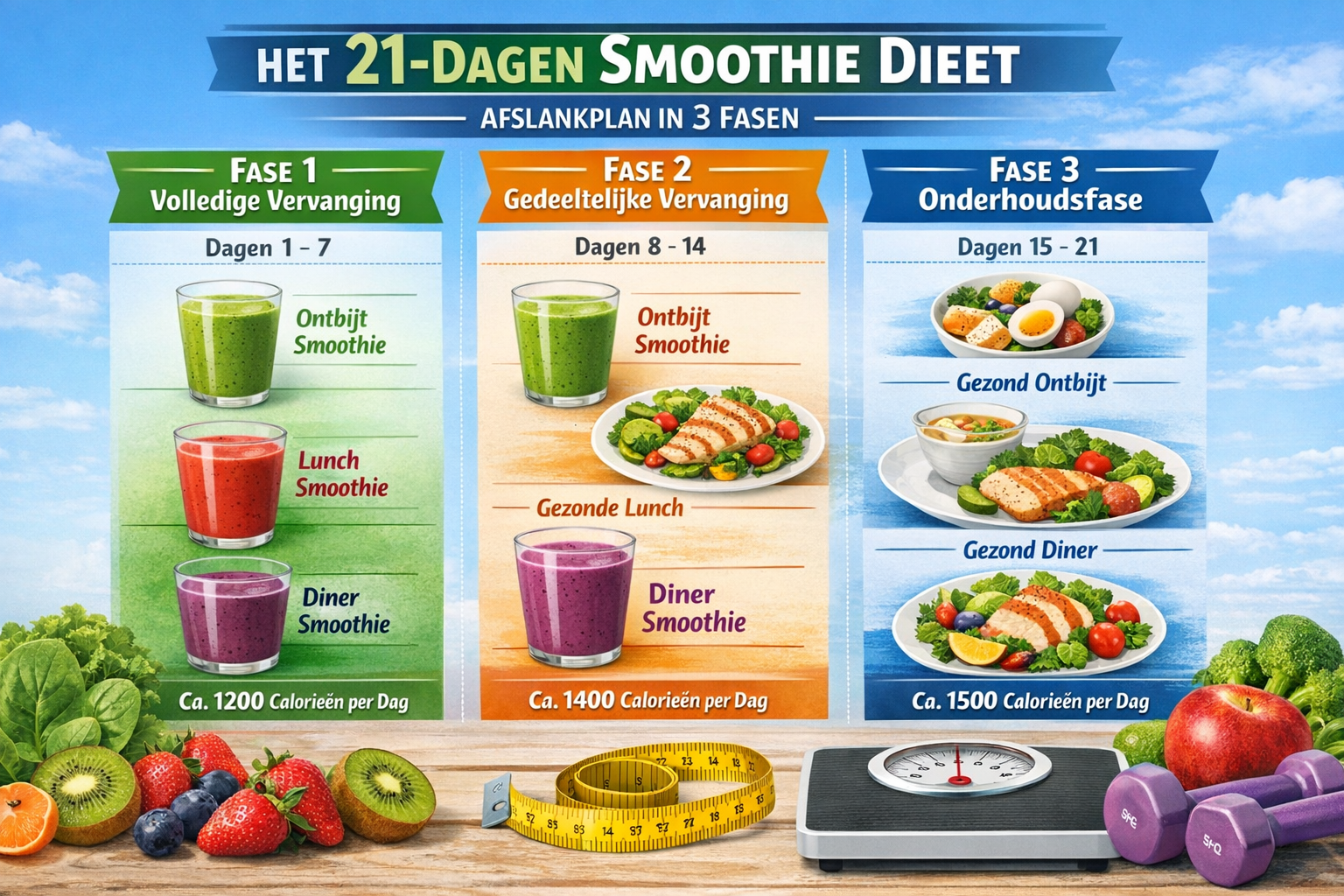 Editorial landscape image (1536x1024) showing a detailed infographic-style comparison chart of the 21-day smoothie diet structure. Visual in