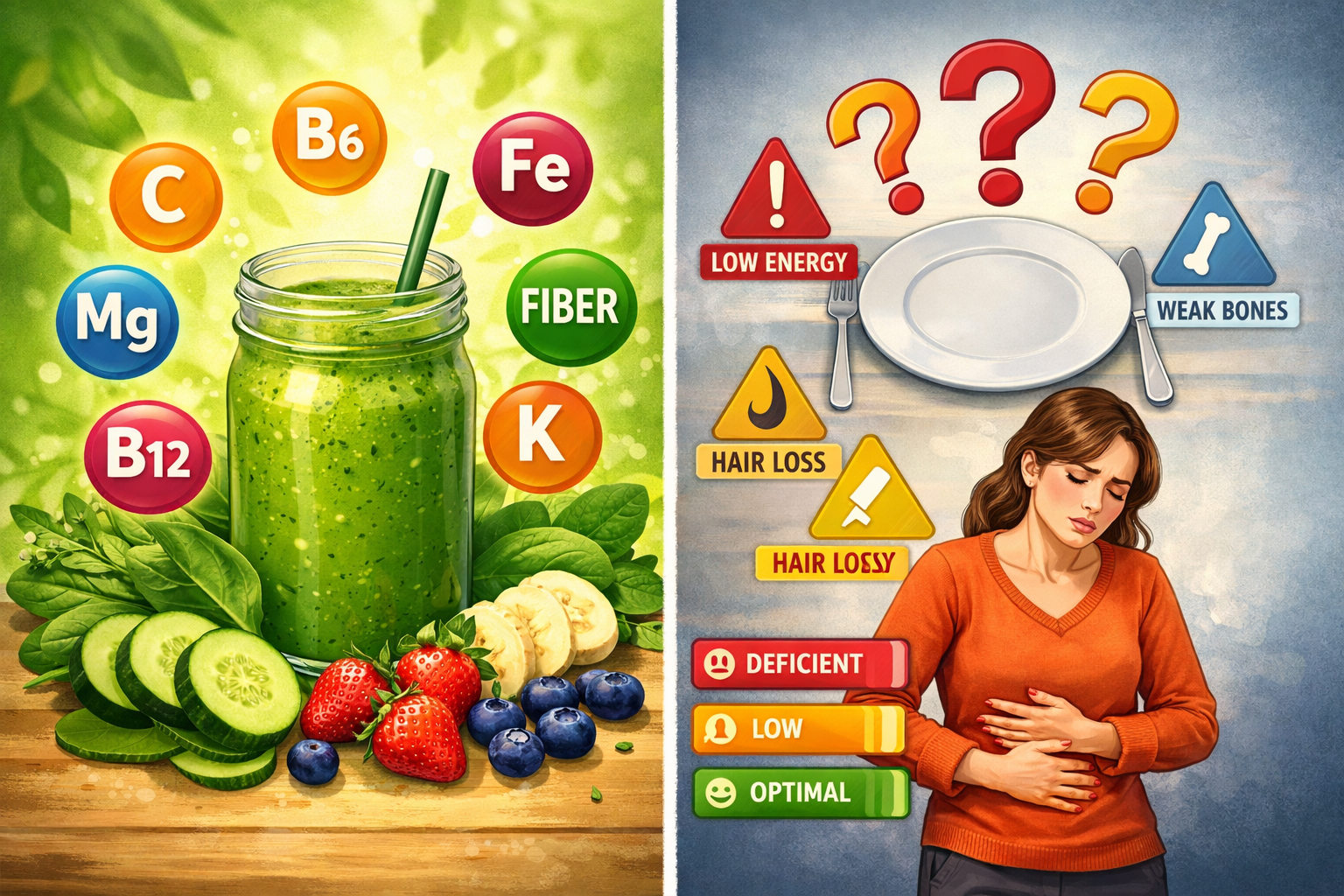 Professional landscape composition (1536x1024) depicting nutritional analysis concept with split-screen design. Left side shows vibrant gree