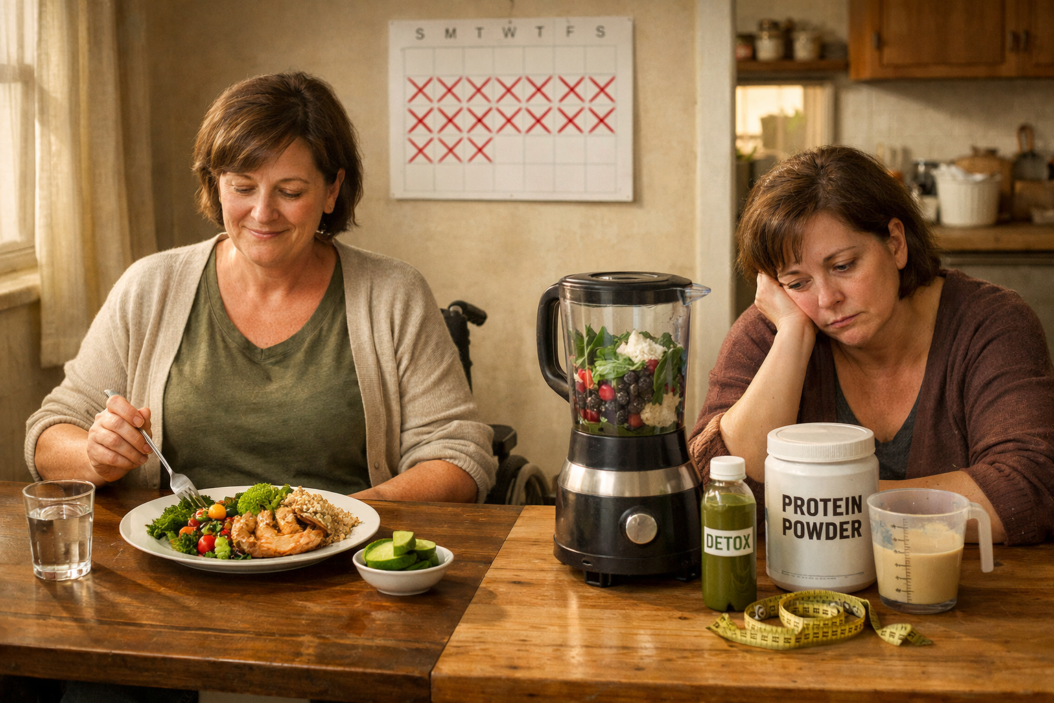 Realistic landscape scene (1536x1024) showing person with physical limitations sitting comfortably at kitchen table with healthy whole food