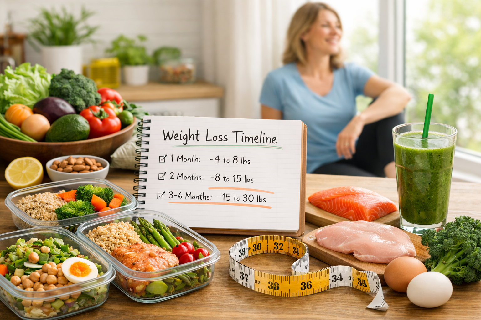 Clean editorial landscape image (1536x1024) featuring sustainable weight loss concept with balanced meal prep containers, fresh whole vegeta