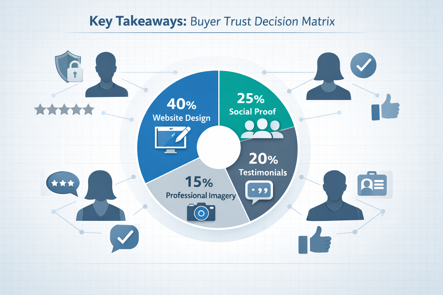 Section 1 - Key Takeaways: Infographic-style visual representing buyer trust decision matrix, featuring stylized human silhouettes connected
