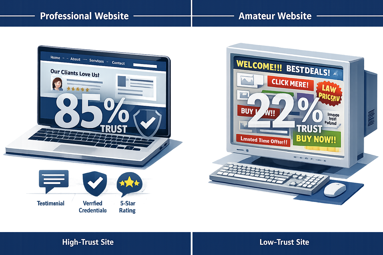 Section 2 - Quick Answer: Split-screen visual comparing high-trust vs low-trust small business websites. Left side: professional, modern web