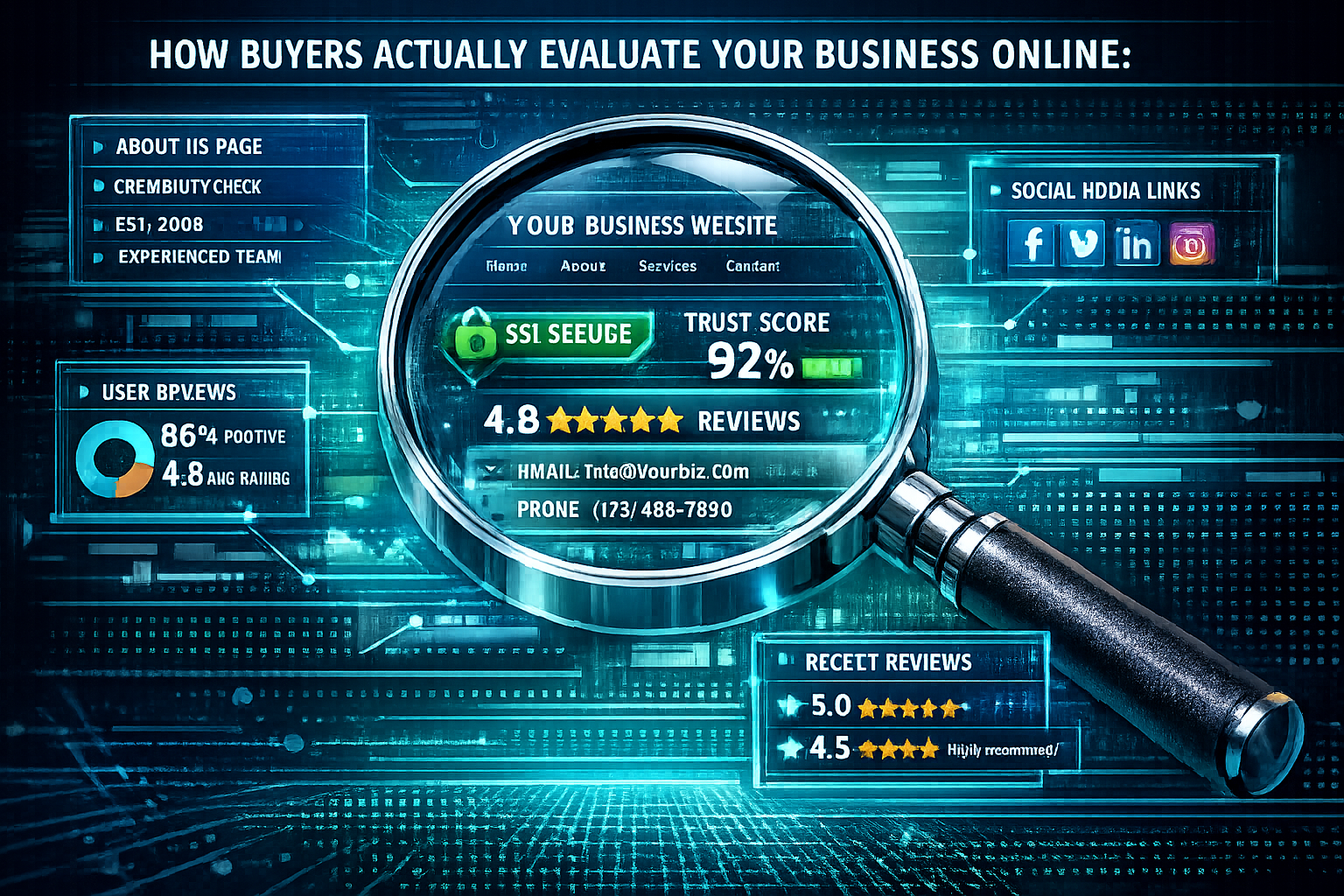 Section 3 - How Buyers Actually Evaluate Your Business Online: Detailed digital forensic-style illustration showing a magnifying glass hover
