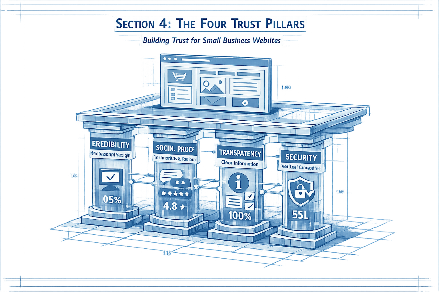 Section 4 - The Four Trust Pillars: Architectural blueprint-style visualization of four interconnected trust pillars supporting a small busi