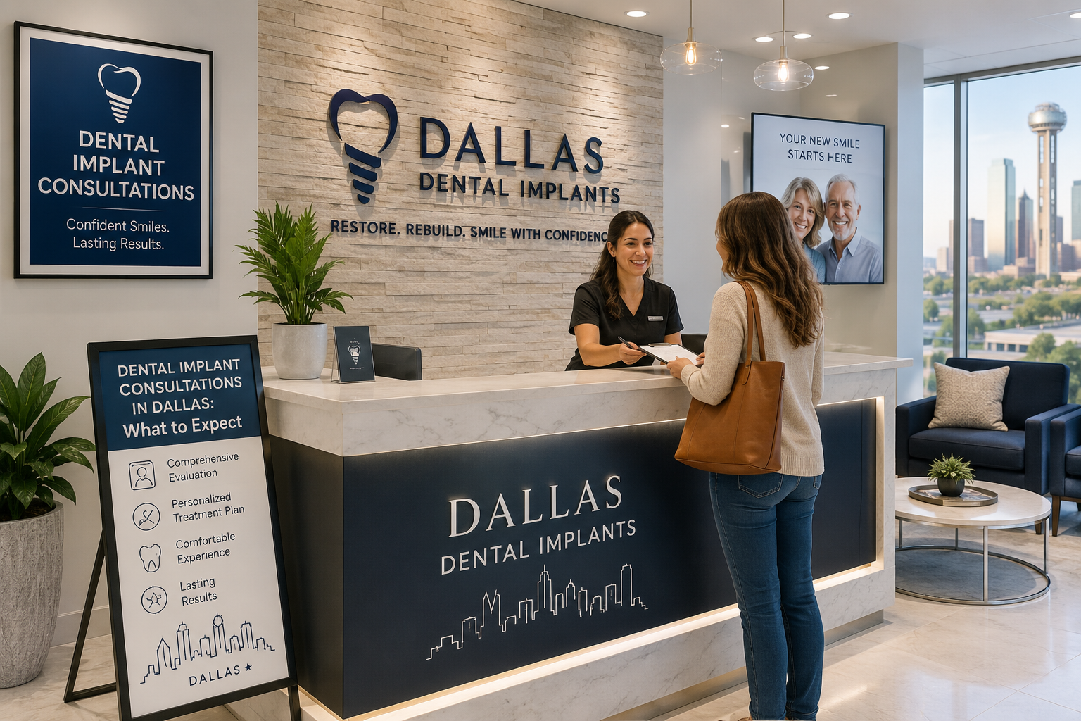 () image depicting a modern dental office reception area in Dallas, showing a patient checking in, a welcoming desk, and a