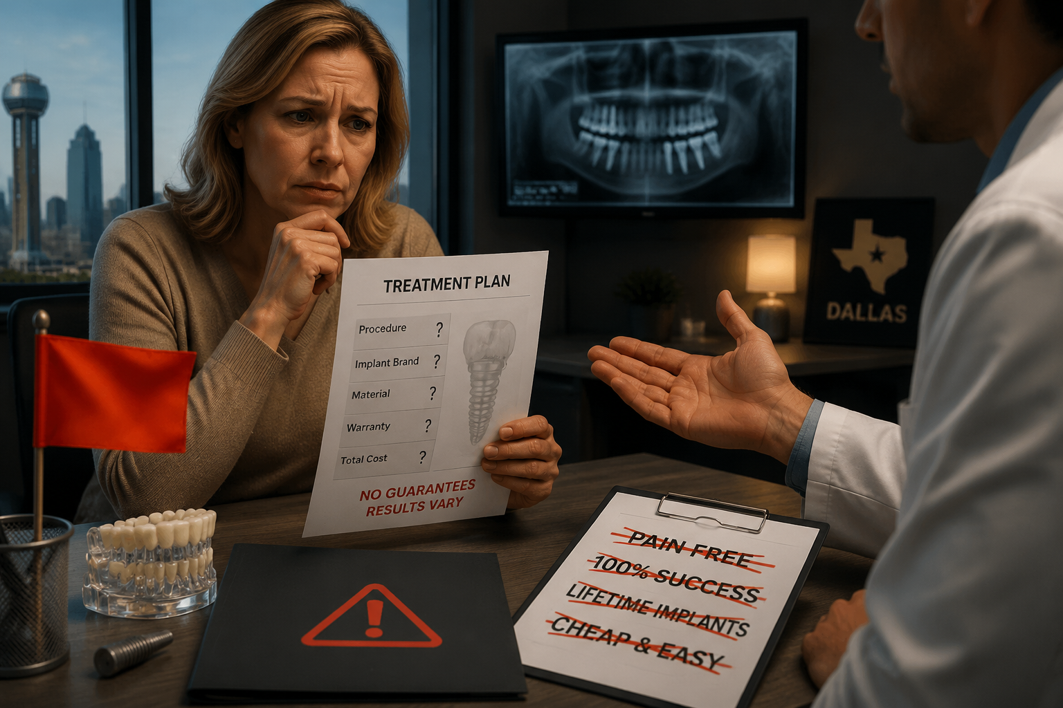 () conceptual image illustrating 'red flags' in a dental implant consultation. This could feature a patient looking