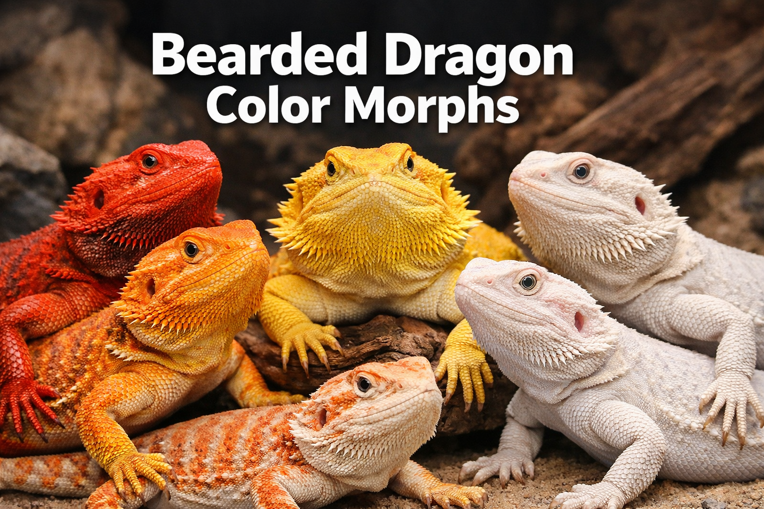 Professional landscape format (1536x1024) hero image featuring bold text overlay 'Bearded Dragon Color Morphs' in extra large 72pt white san