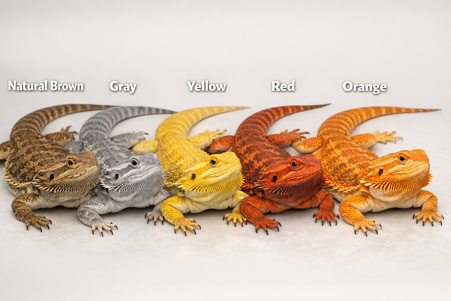 Detailed landscape format (1536x1024) image showing side-by-side comparison of common bearded dragon color morphs including natural brown, g