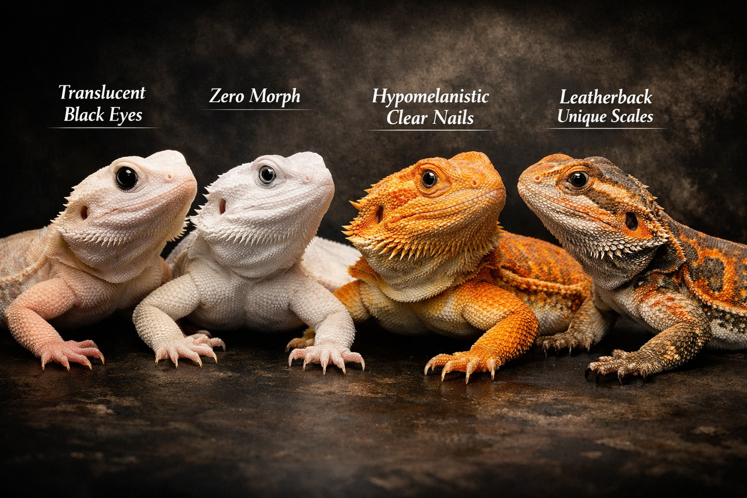Professional landscape format (1536x1024) image featuring rare bearded dragon morphs including translucent with black eyes, zero morph with 