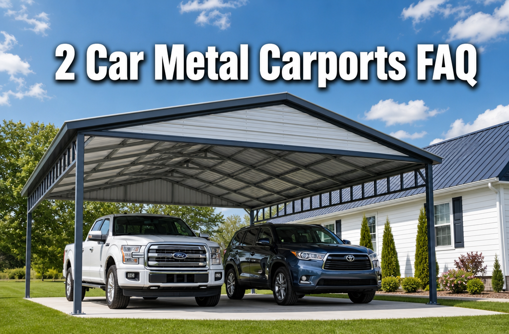 Professional () hero image with : '2 Car Metal Carports FAQ' in extra large white with dark drop , centered upper third.