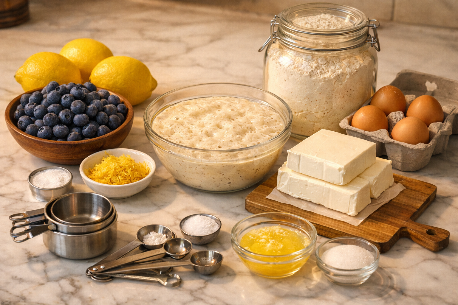 Detailed landscape image (1536x1024) showing ingredients for sourdough blueberry lemon cream cheese loaf arranged on marble countertop: bowl