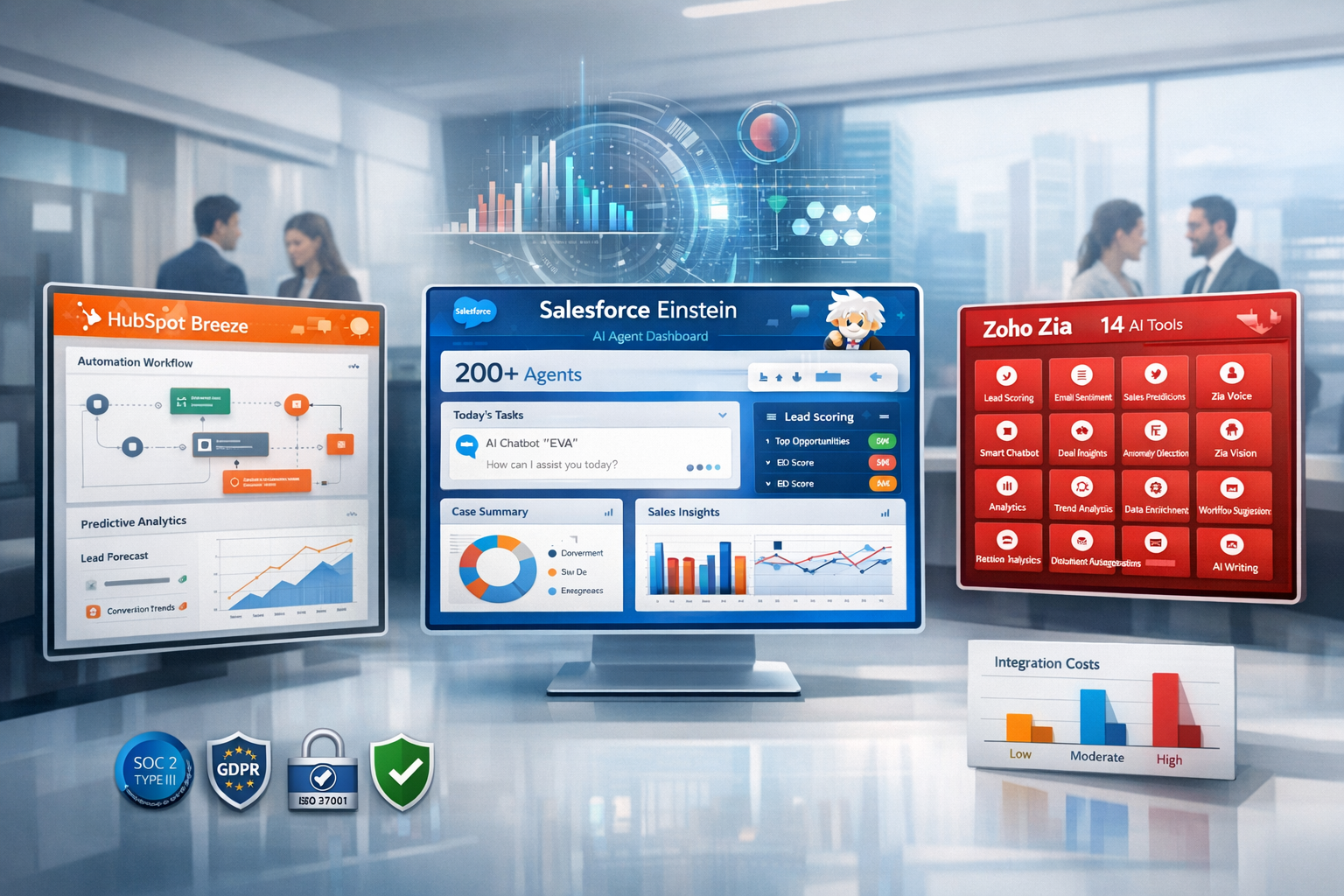 Landscape format (1536x1024) enterprise technology comparison visualization featuring three prominent CRM platforms displayed as modern UI m