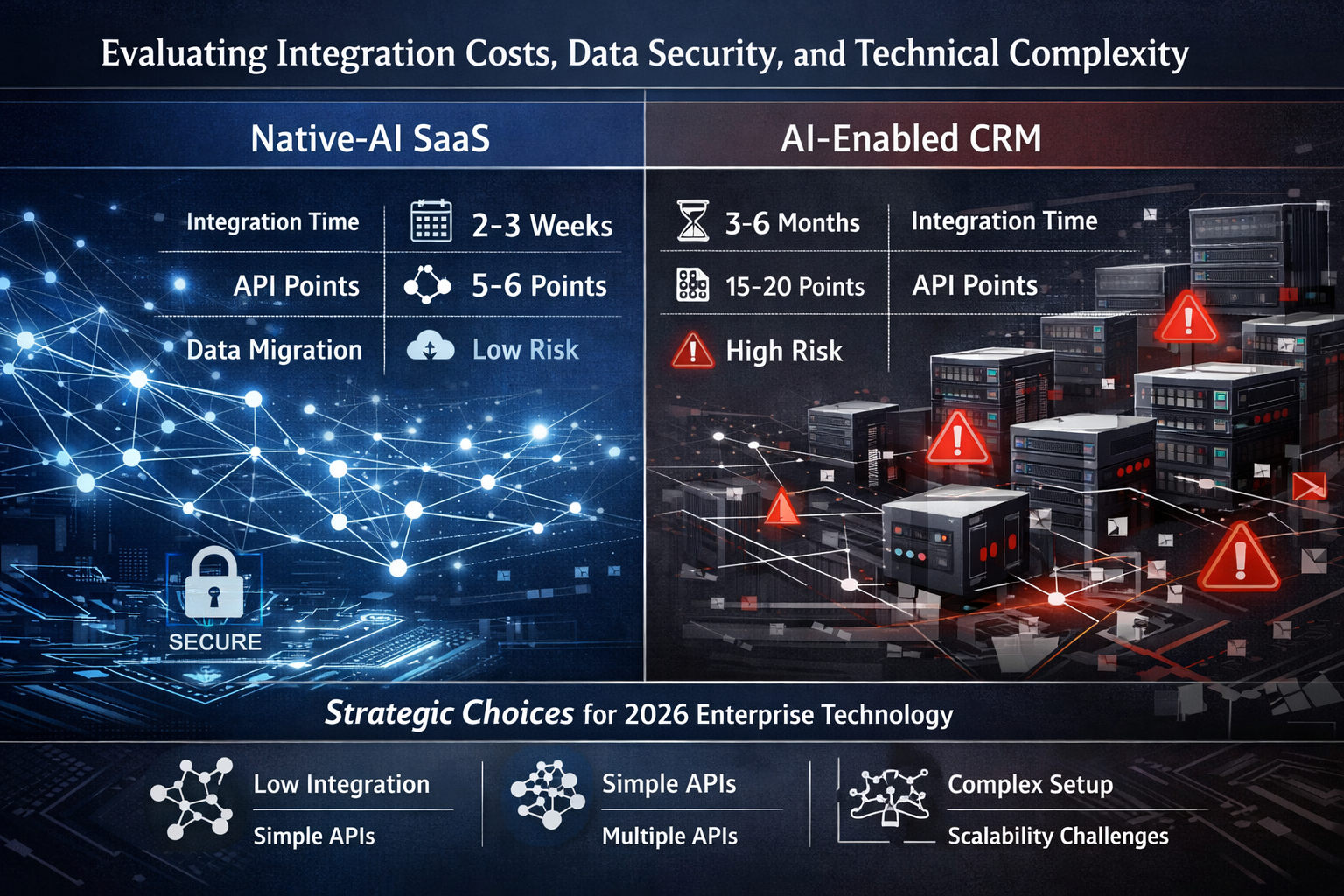 Editorial-style infographic visualizing 'Evaluating Integration Costs, Data Security, and Technical Complexity' in enterprise software archi