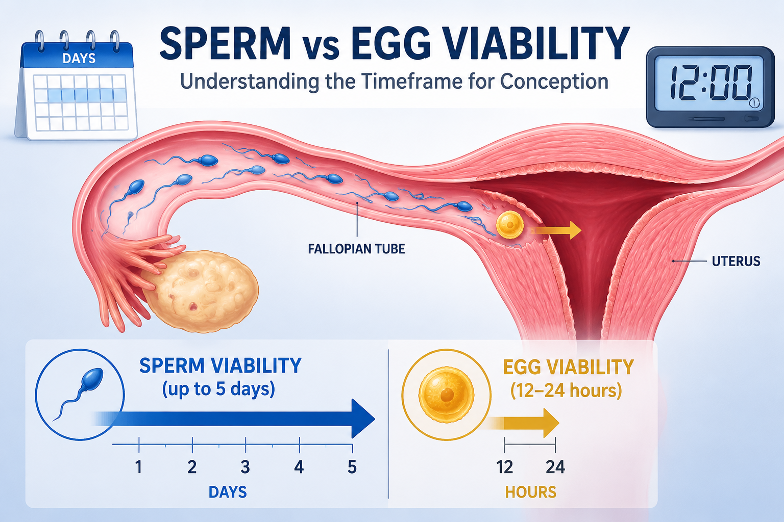 () infographic contrasting the lifespan of sperm and egg within the female reproductive tract. One side shows multiple sperm