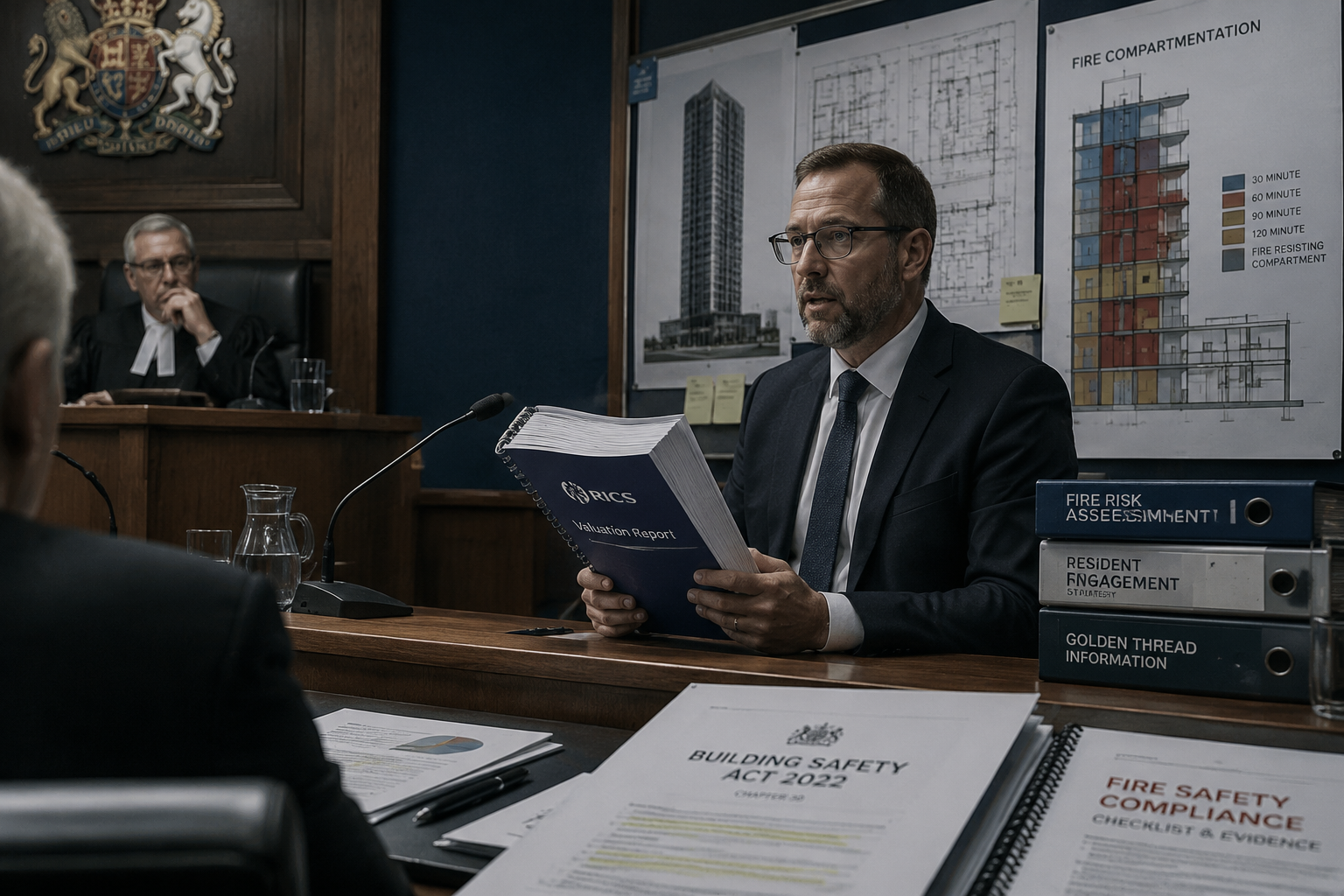 Detailed () showing a formal UK courtroom or tribunal setting with a suited expert witness at a stand holding a thick