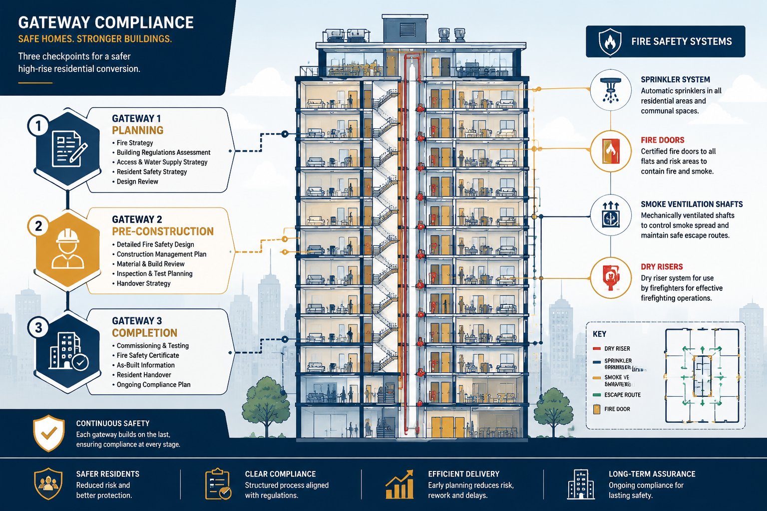 Wide-angle () infographic-style illustration showing the three Gateway compliance checkpoints as interconnected nodes on a