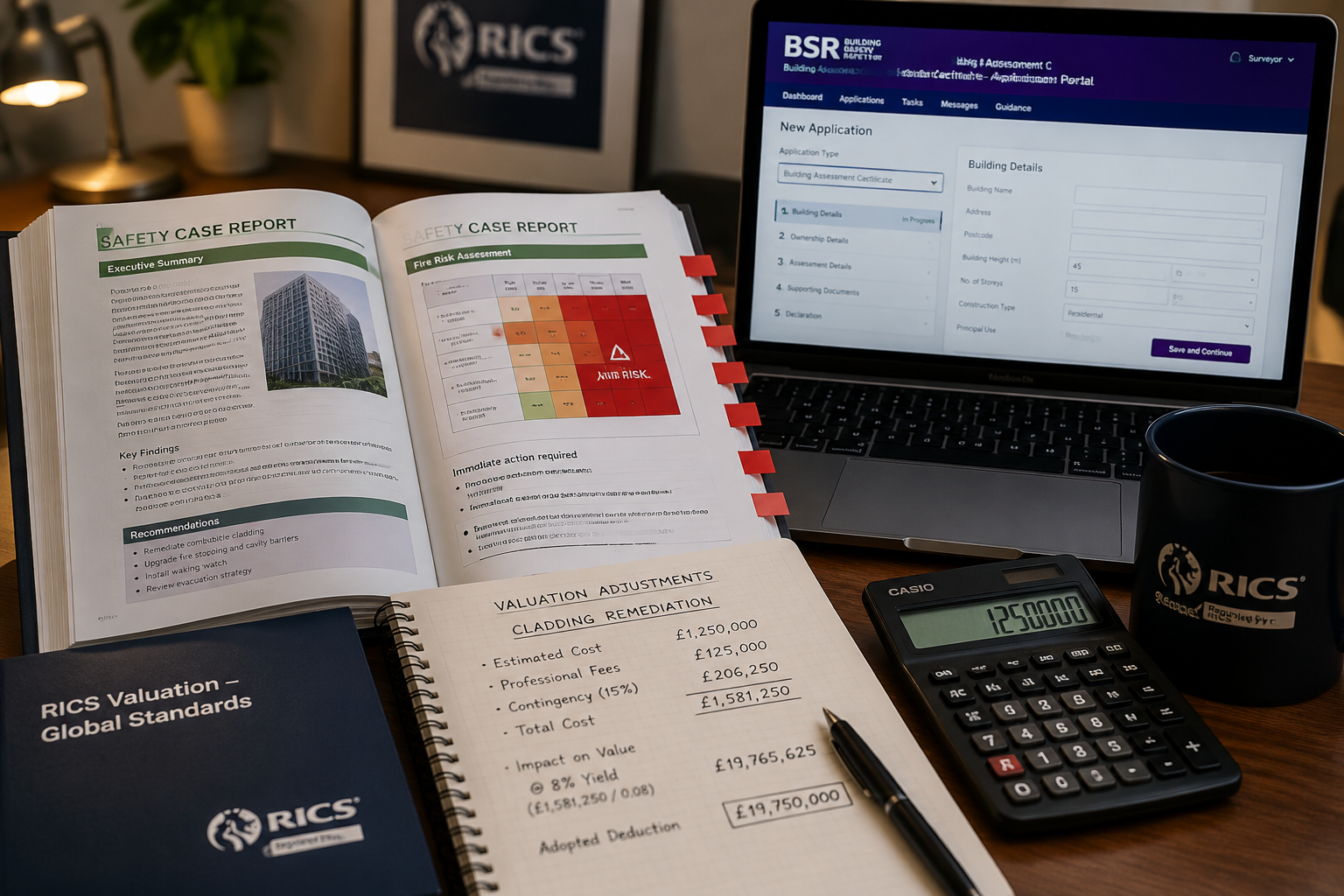 Close-up () of a RICS-registered surveyor's desk with an open Safety Case Report, red-flagged fire risk assessment pages, a
