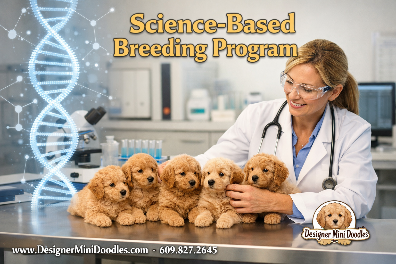 () editorial image showing a professional animal biologist in a clean, scientific equipment visible, DNA helix graphic ,