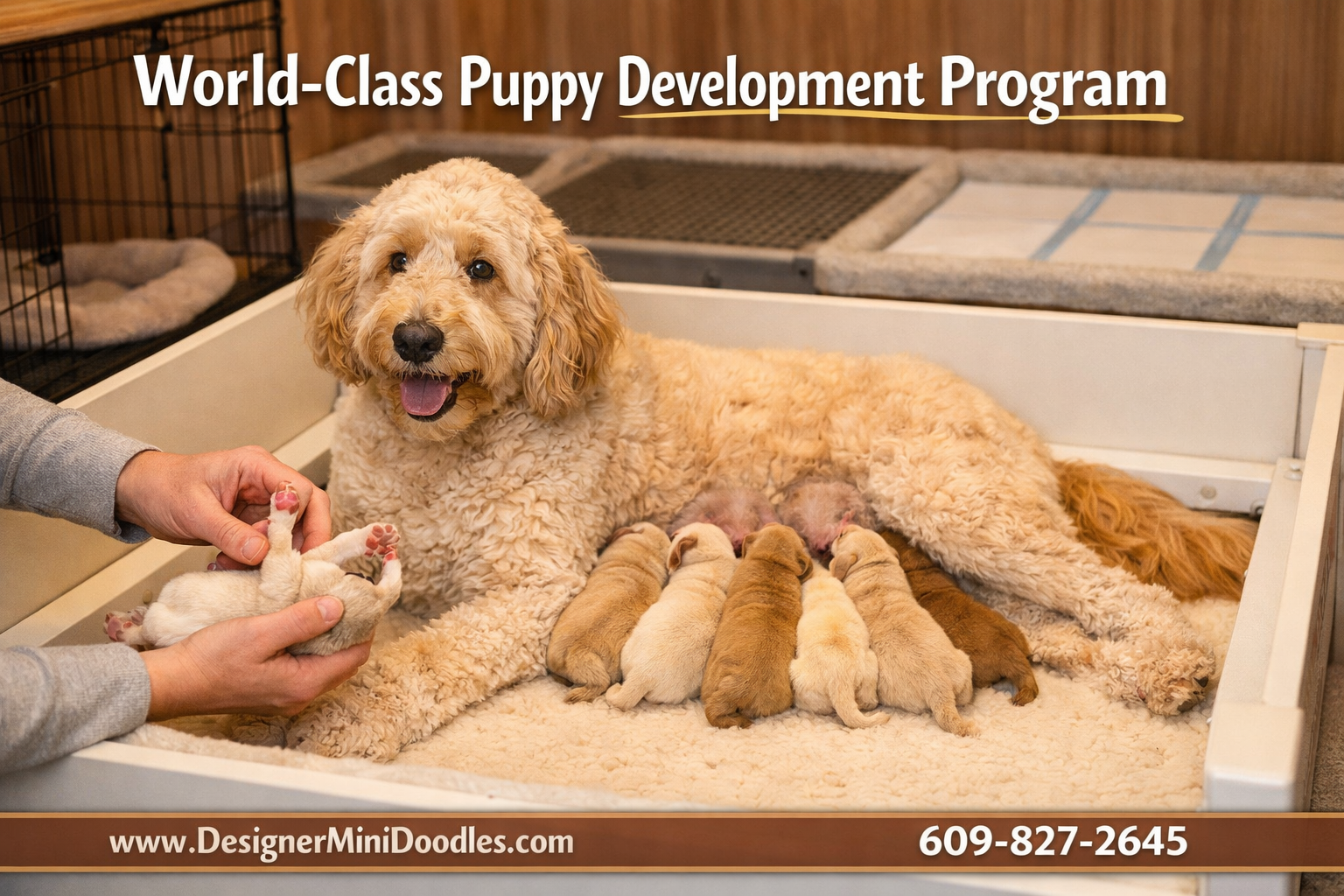 () image showing a warm, early neurological stimulation (ENS) process being performed by a caring handler, crate training