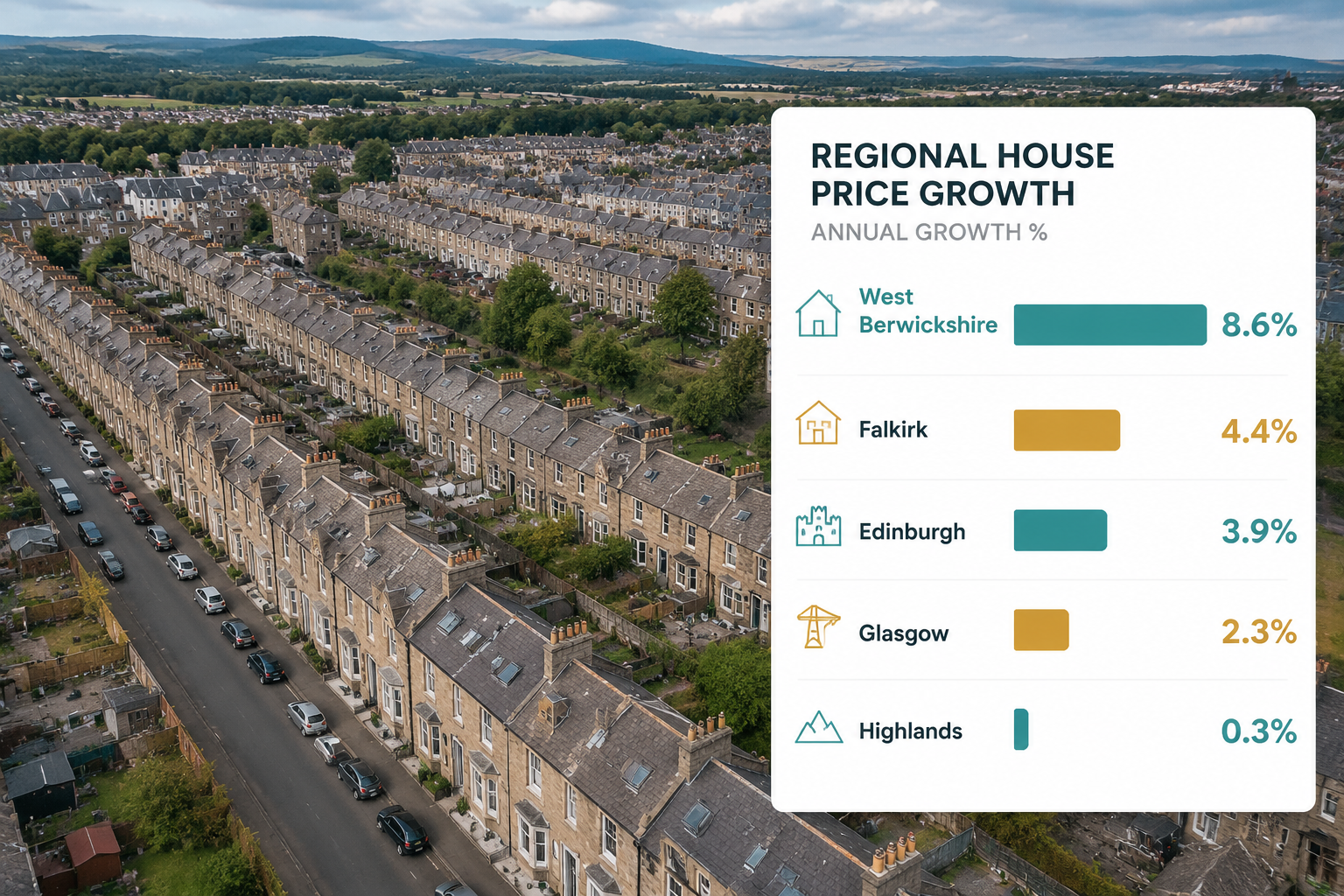 Wide-angle aerial photograph of Scottish terraced stone townhouses in a high-growth local authority area such as Falkirk or