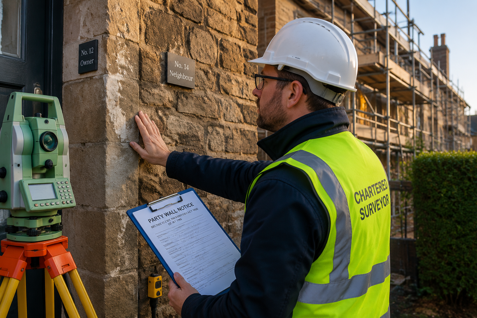 Close-up ground-level photograph of a professional chartered surveyor in high-visibility vest and hard hat examining a