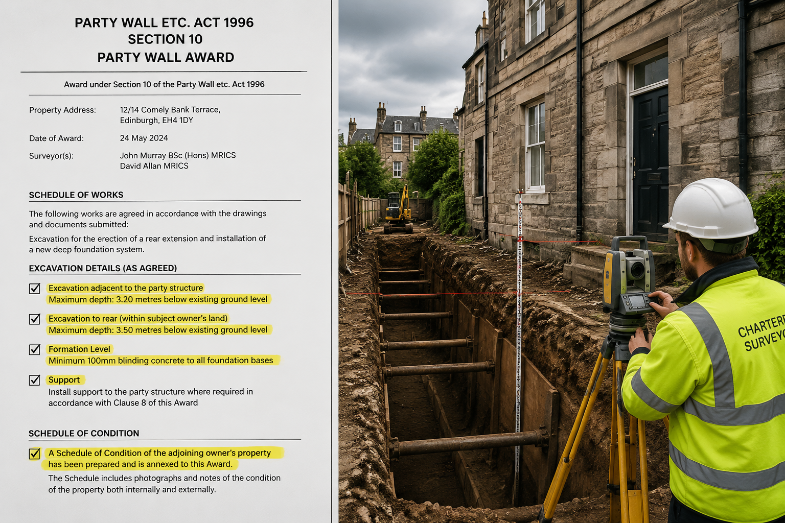 Split-composition landscape image showing on the left side a formal party wall award legal document with checklist items