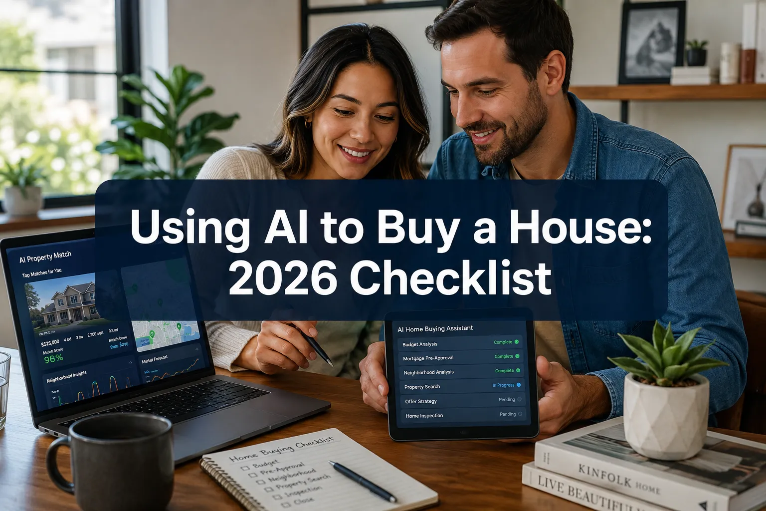 Professional () hero image with (≤42 chars): 'Using AI to Buy a House: 2026 Checklist', crisp white on a semi-transparent