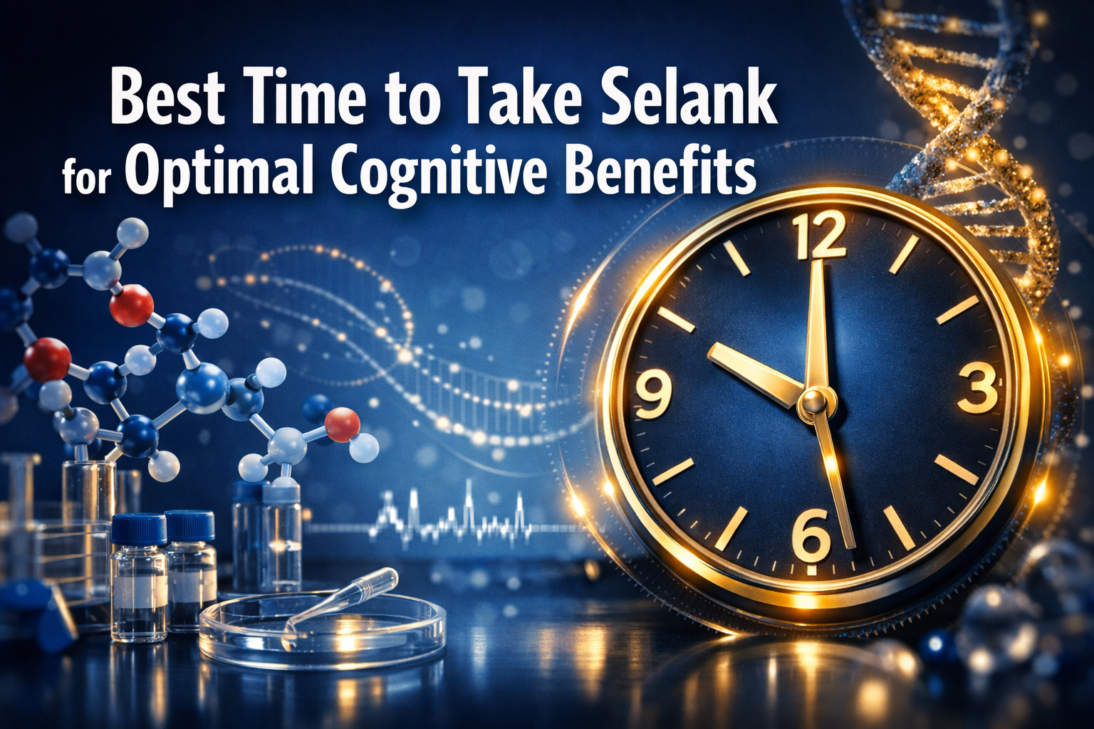 Professional landscape format (1536x1024) hero image featuring bold text overlay 'Best Time to Take Selank for Optimal Cognitive Benefits' i