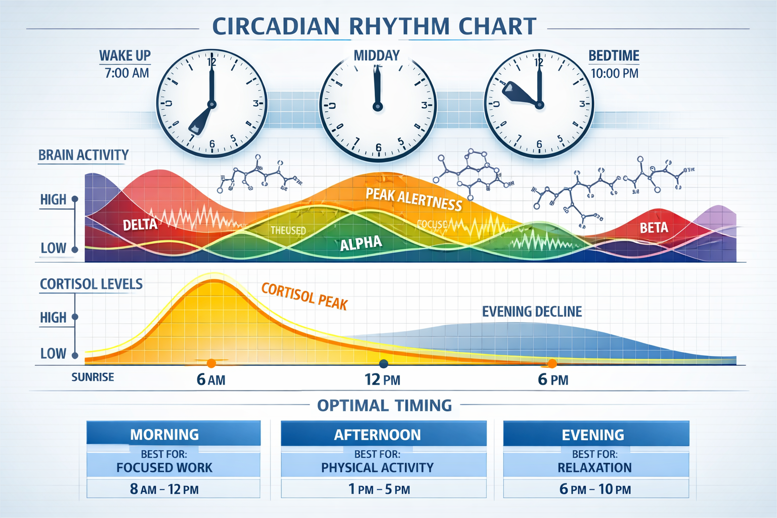 Detailed landscape format (1536x1024) visualization of circadian rhythm chart with brain activity waves, cortisol levels throughout day, and
