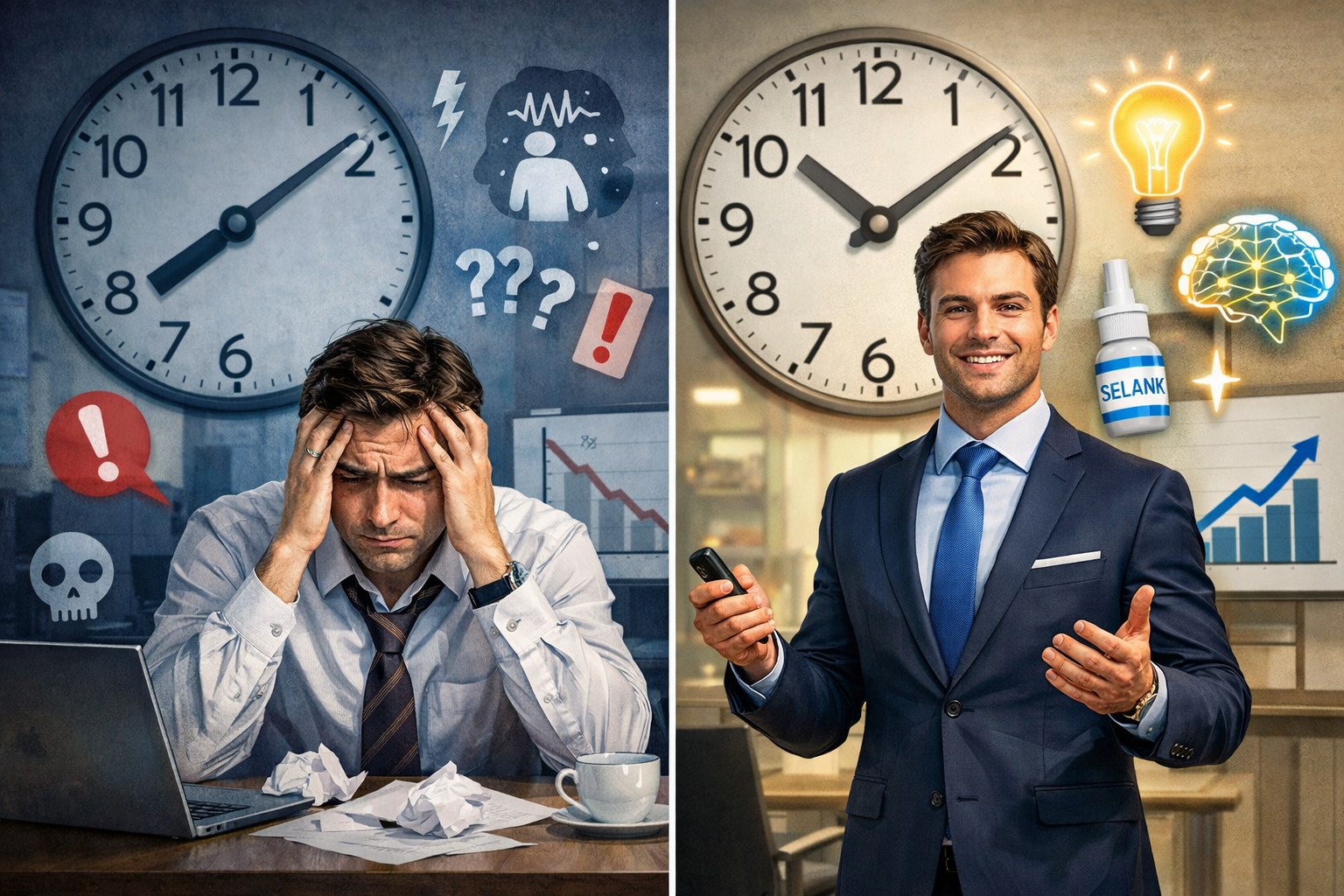 Landscape format (1536x1024) image depicting split-screen comparison: left side shows stressed individual before challenging presentation, r