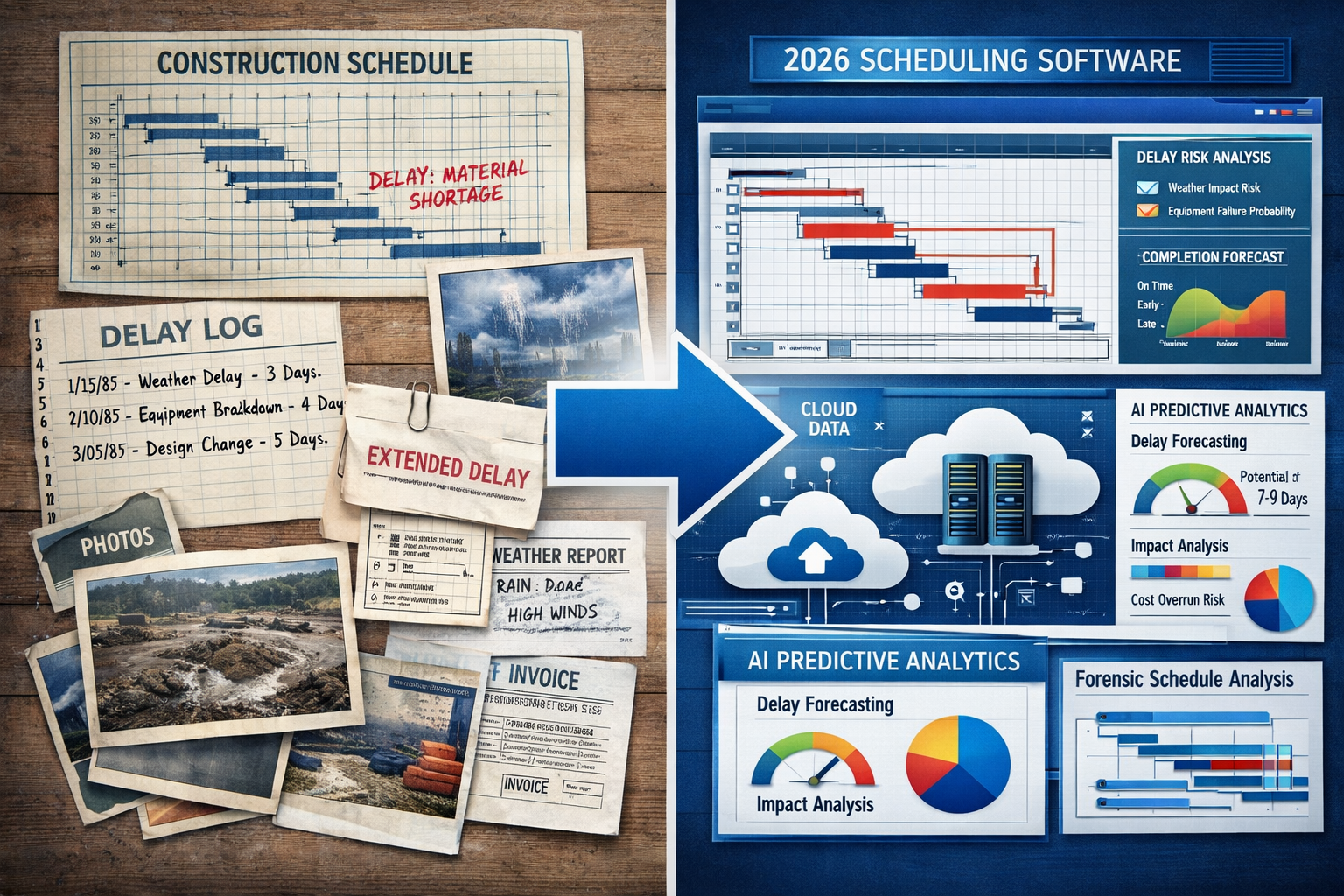 () editorial image showing split-screen composition: left side displays traditional paper-based construction schedules and