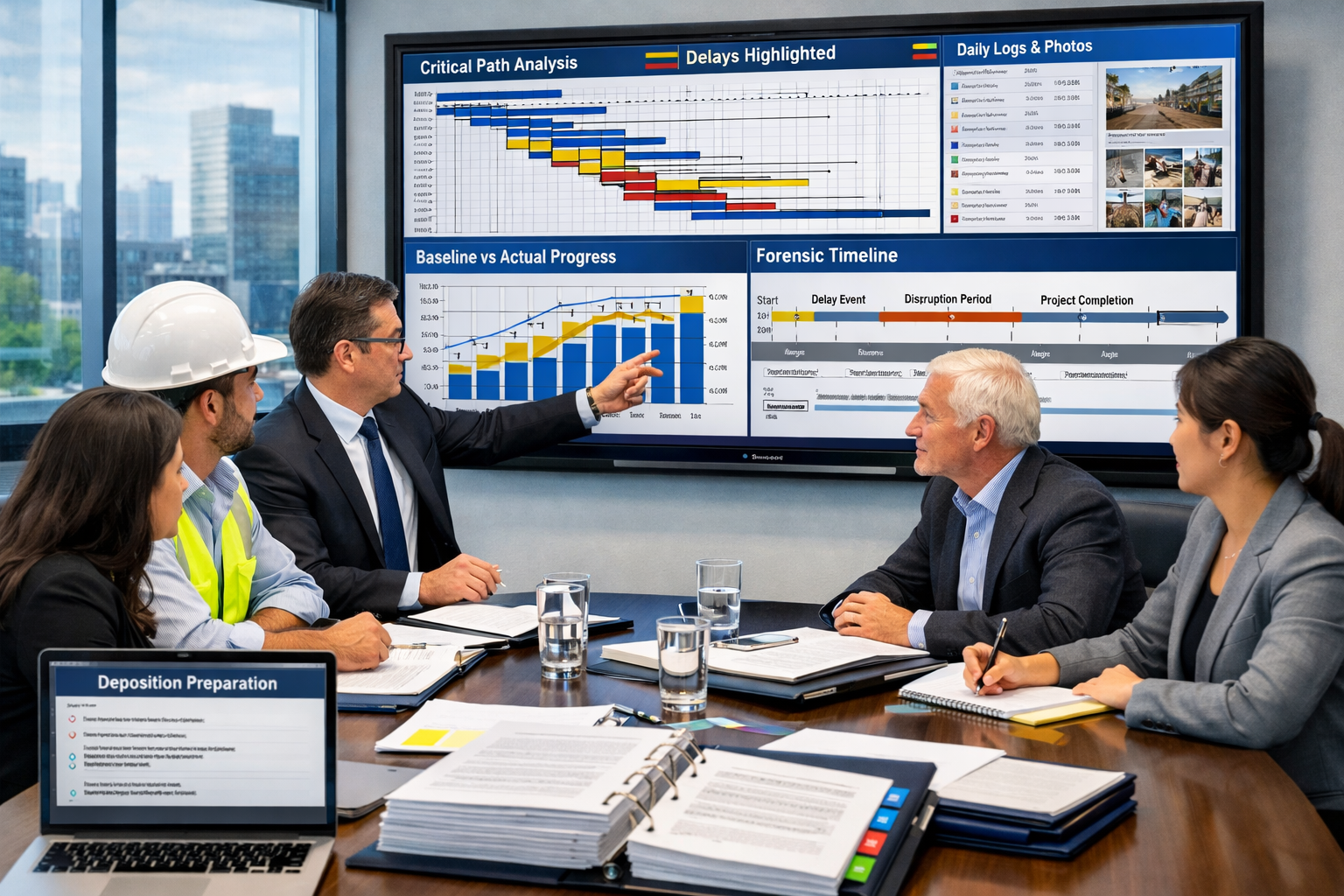 () professional photograph of expert witness preparation session in modern conference room: diverse team of construction