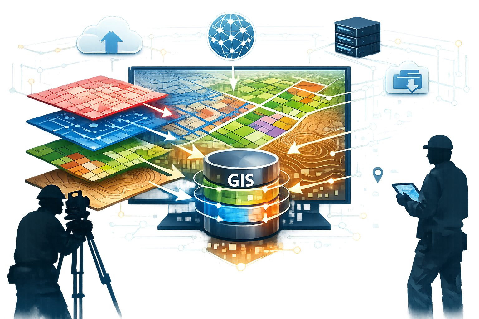 Landscape format (1536x1024) detailed illustration showing centralized data management concept with multiple colorful data layers stacking t